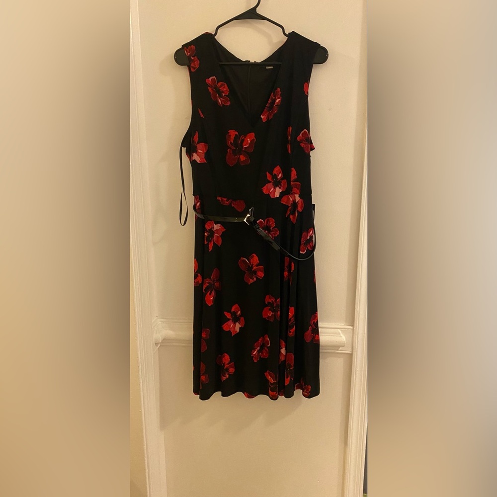 Tommy Hilfiger Black Midi Dress with Red Floral Print